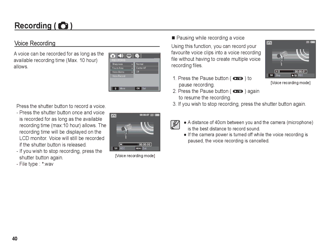 Samsung BL1050 manual Voice Recording, Pause recording, To resume the recording, Press the Pause button Ø again 