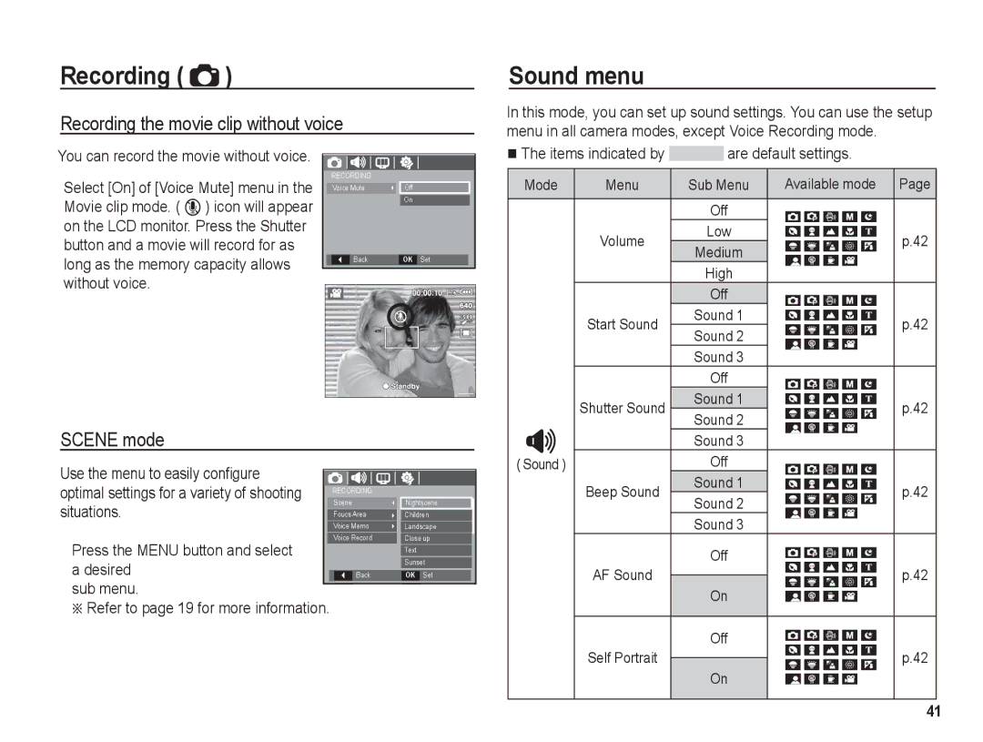 Samsung BL1050 manual Sound menu, Recording the movie clip without voice, Scene mode 