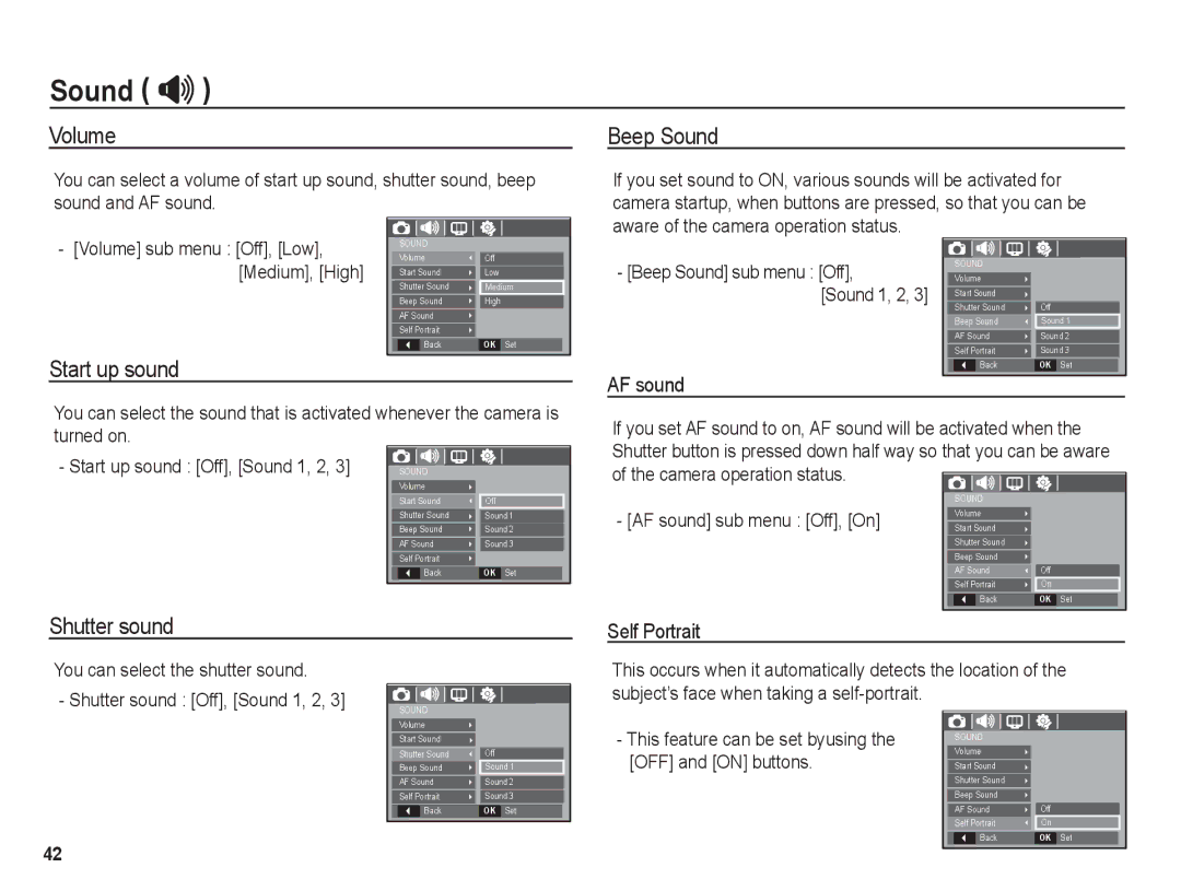 Samsung BL1050 manual Sound , Volume, Beep Sound, Start up sound, Shutter sound 