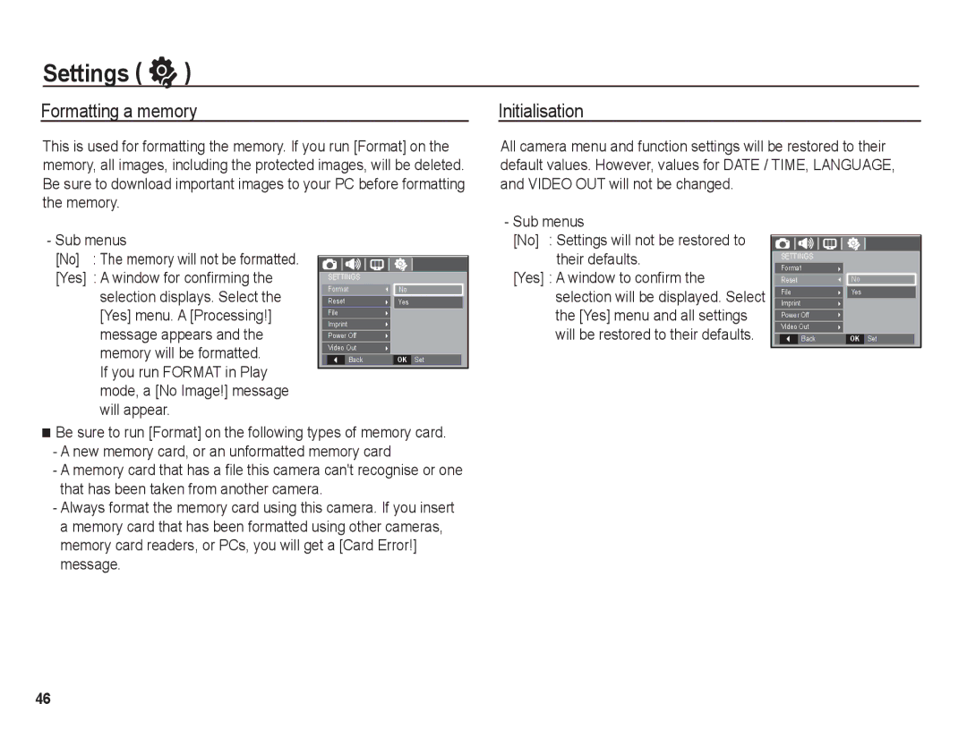 Samsung BL1050 manual Settings, Formatting a memory, Initialisation, Sub menus, No The memory will not be formatted 