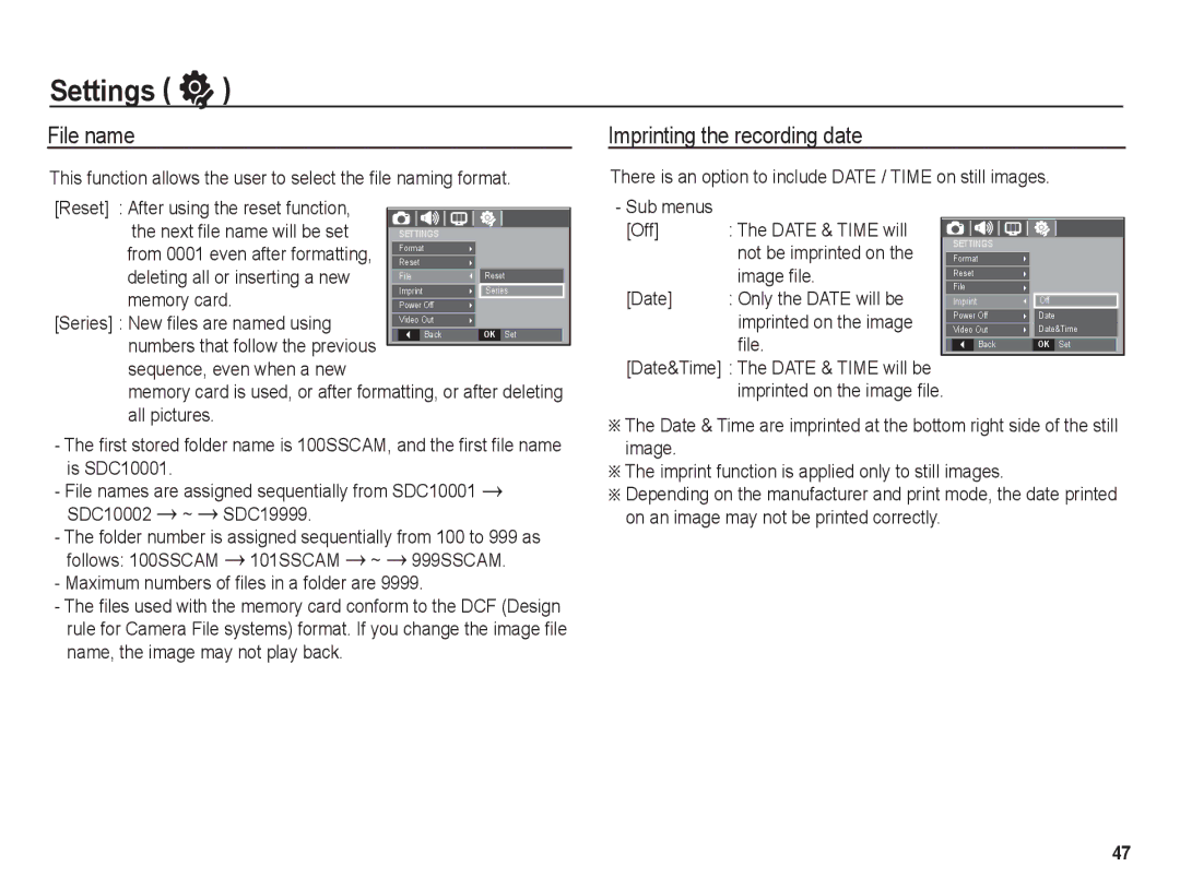 Samsung BL1050 manual File name, Imprinting the recording date 