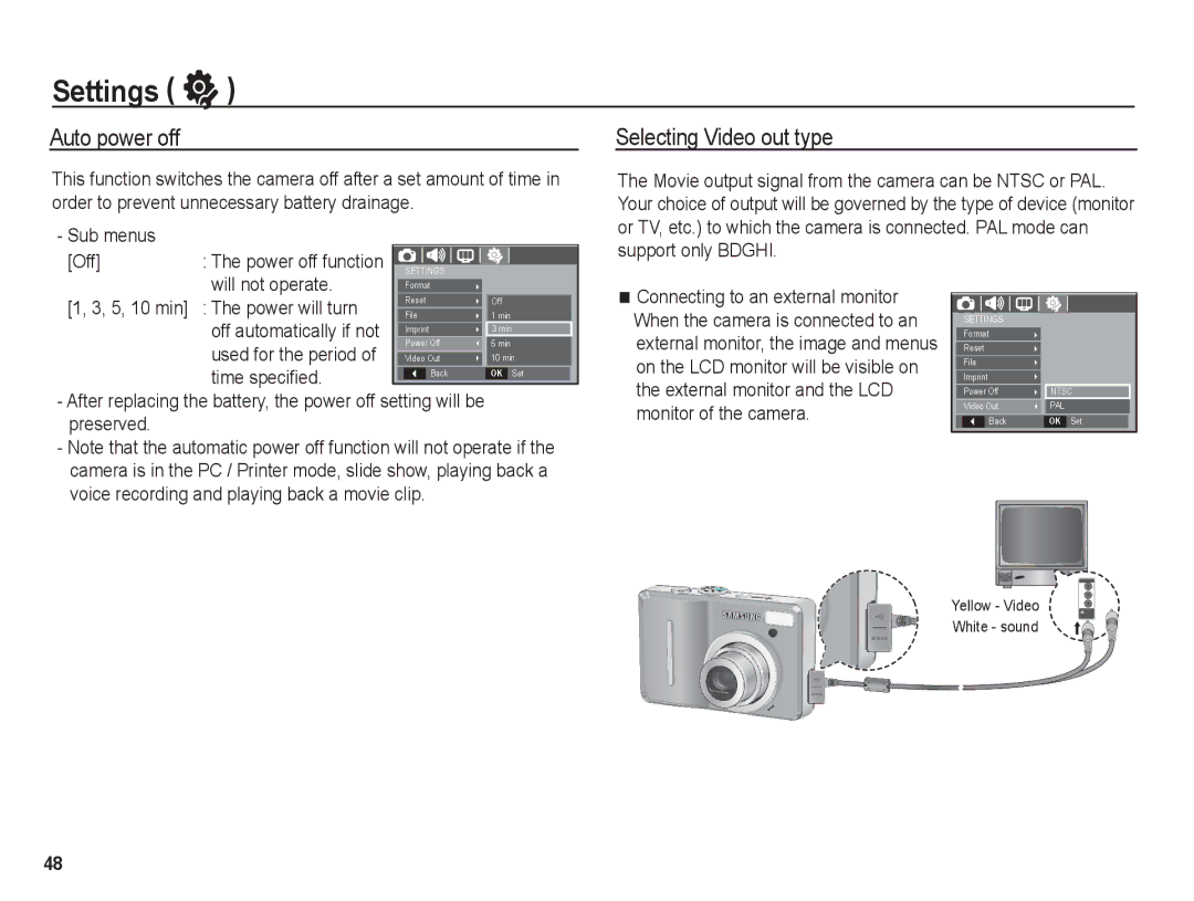 Samsung BL1050 manual Auto power off, Selecting Video out type, Sub menus Off, Will not operate, Time speciﬁed 