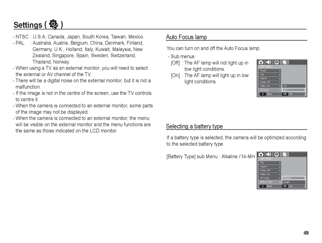 Samsung BL1050 manual Auto Focus lamp, Selecting a battery type 