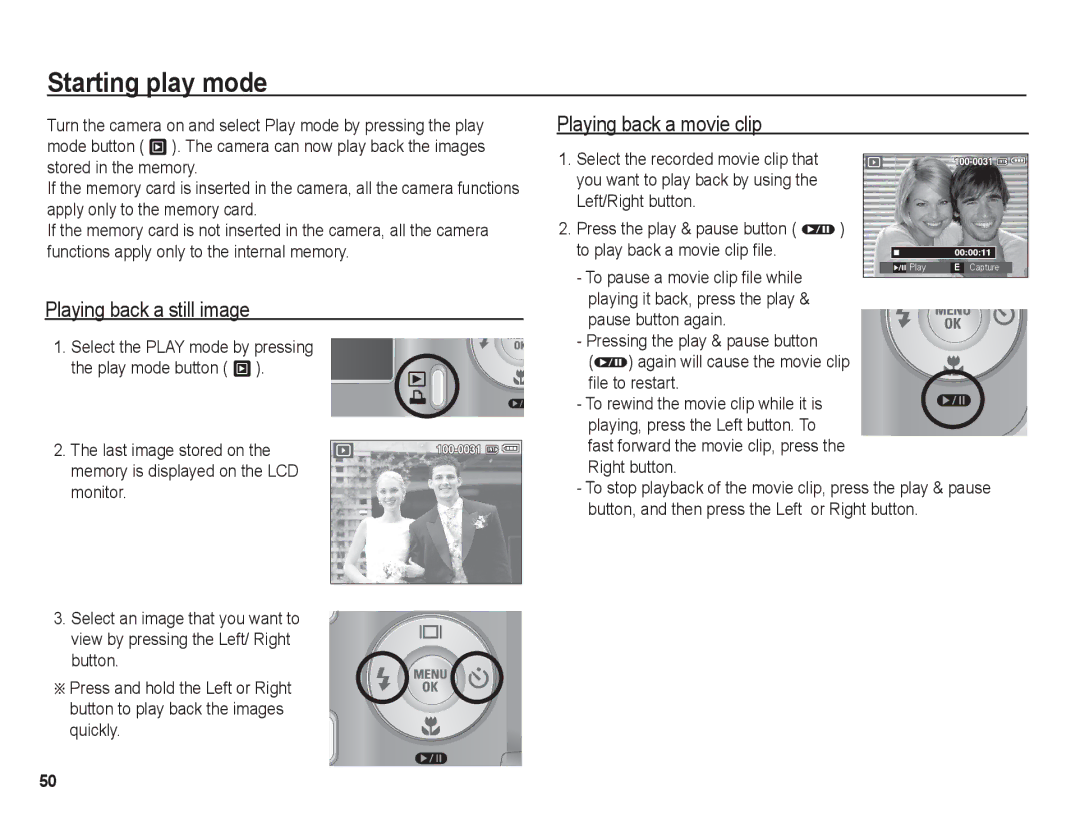 Samsung BL1050 manual Starting play mode, Playing back a still image, Playing back a movie clip 