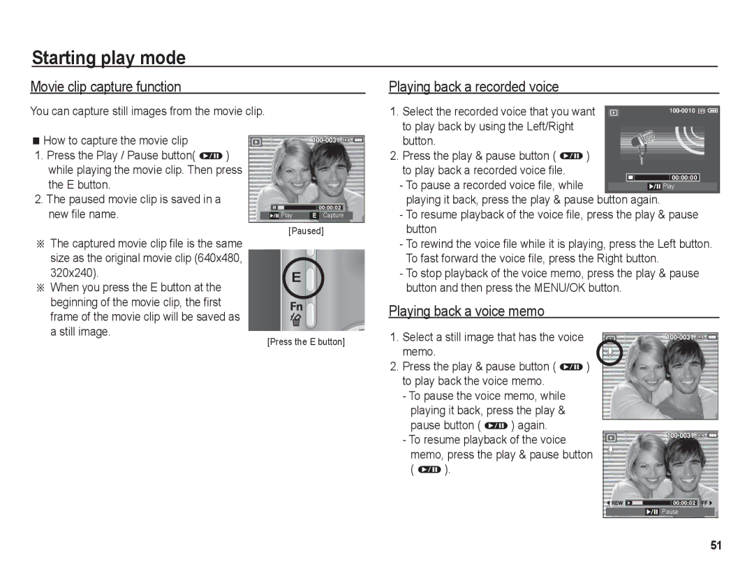 Samsung BL1050 manual Movie clip capture function, Playing back a recorded voice, Playing back a voice memo, Still image 