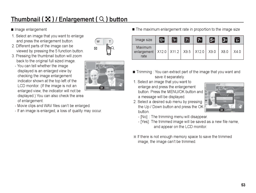 Samsung BL1050 manual Thumbnail º / Enlargement í button, Image enlargement 