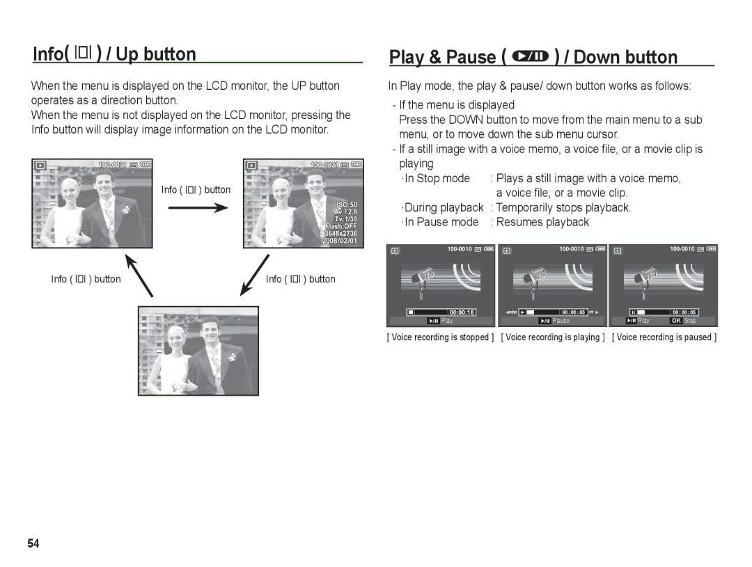 Samsung BL1050 Info î / Up button, Play & Pause Ø / Down button, Voice file, or a movie clip, Temporarily stops playback 