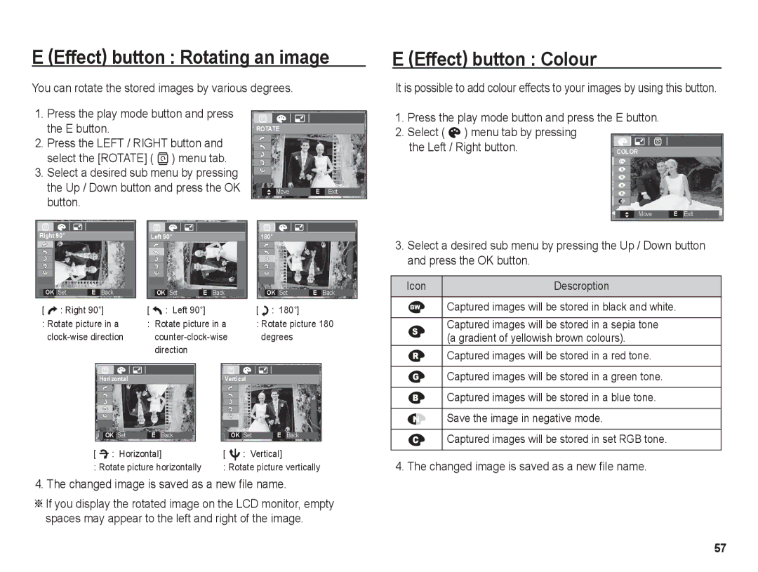 Samsung BL1050 Effect button Rotating an image, Effect button Colour, You can rotate the stored images by various degrees 