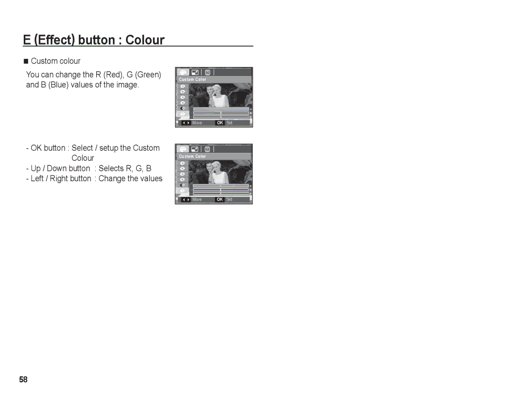 Samsung BL1050 manual Custom colour, Left / Right button Change the values 