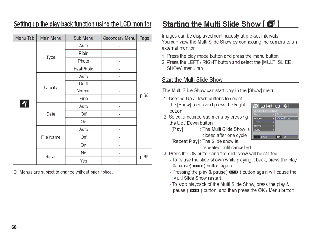 Samsung BL1050 manual Starting the Multi Slide Show , Start the Multi Slide Show, Up / Down button, Play 