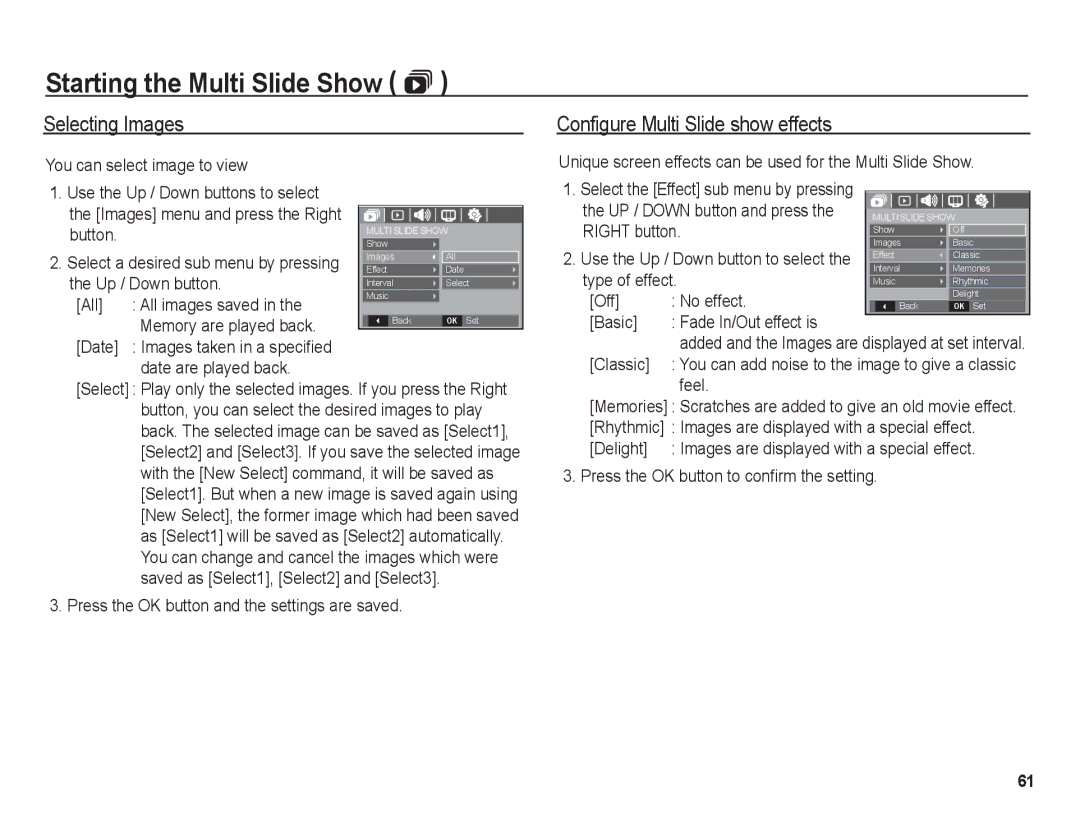 Samsung BL1050 manual Selecting Images, Configure Multi Slide show effects 