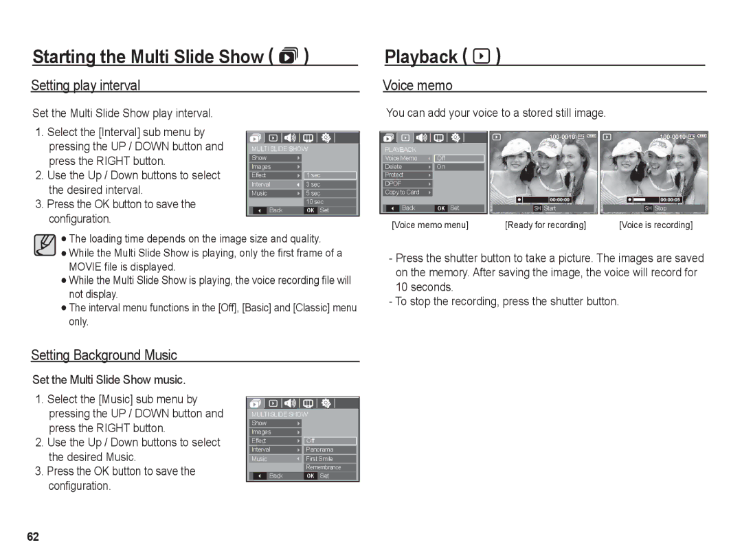 Samsung BL1050 manual Playback à, Setting play interval, Setting Background Music 