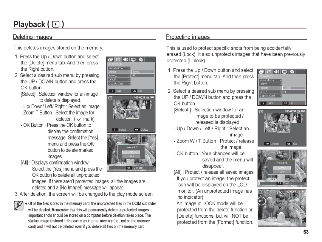 Samsung BL1050 manual Deleting images, Protecting images, This deletes images stored on the memory, Disappear 