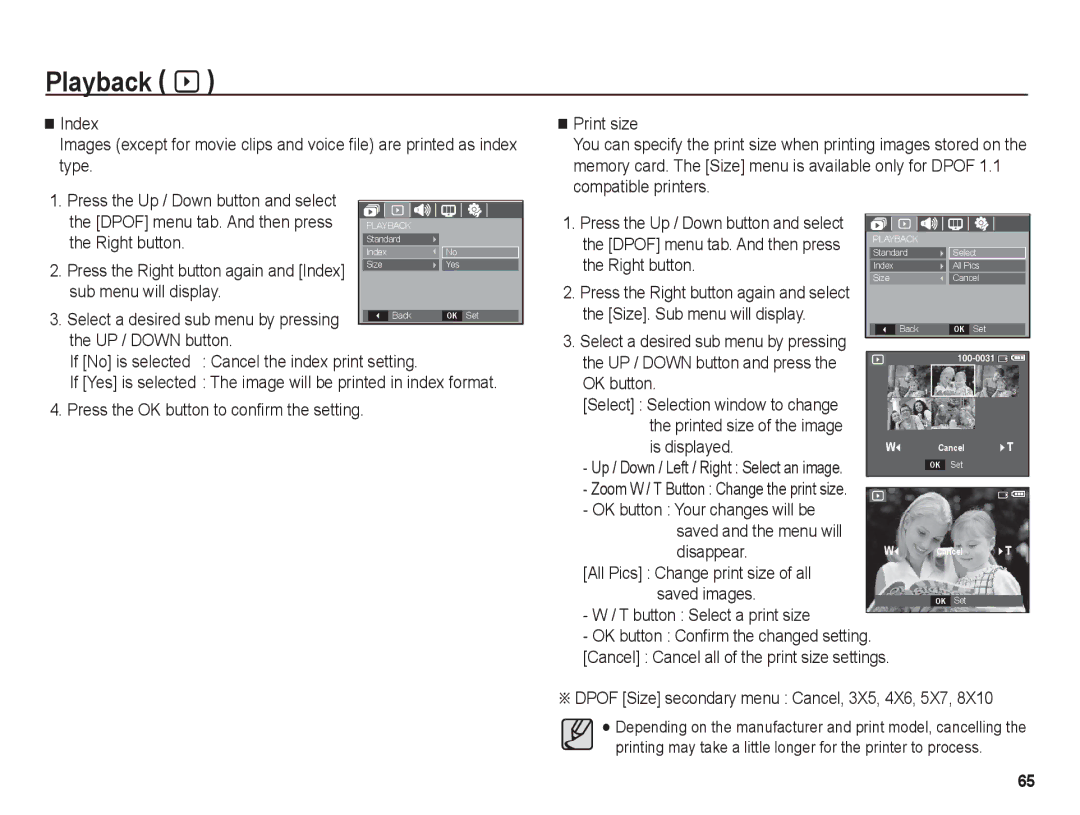 Samsung BL1050 manual Size. Sub menu will display, Is displayed, All Pics Change print size of all Saved images 