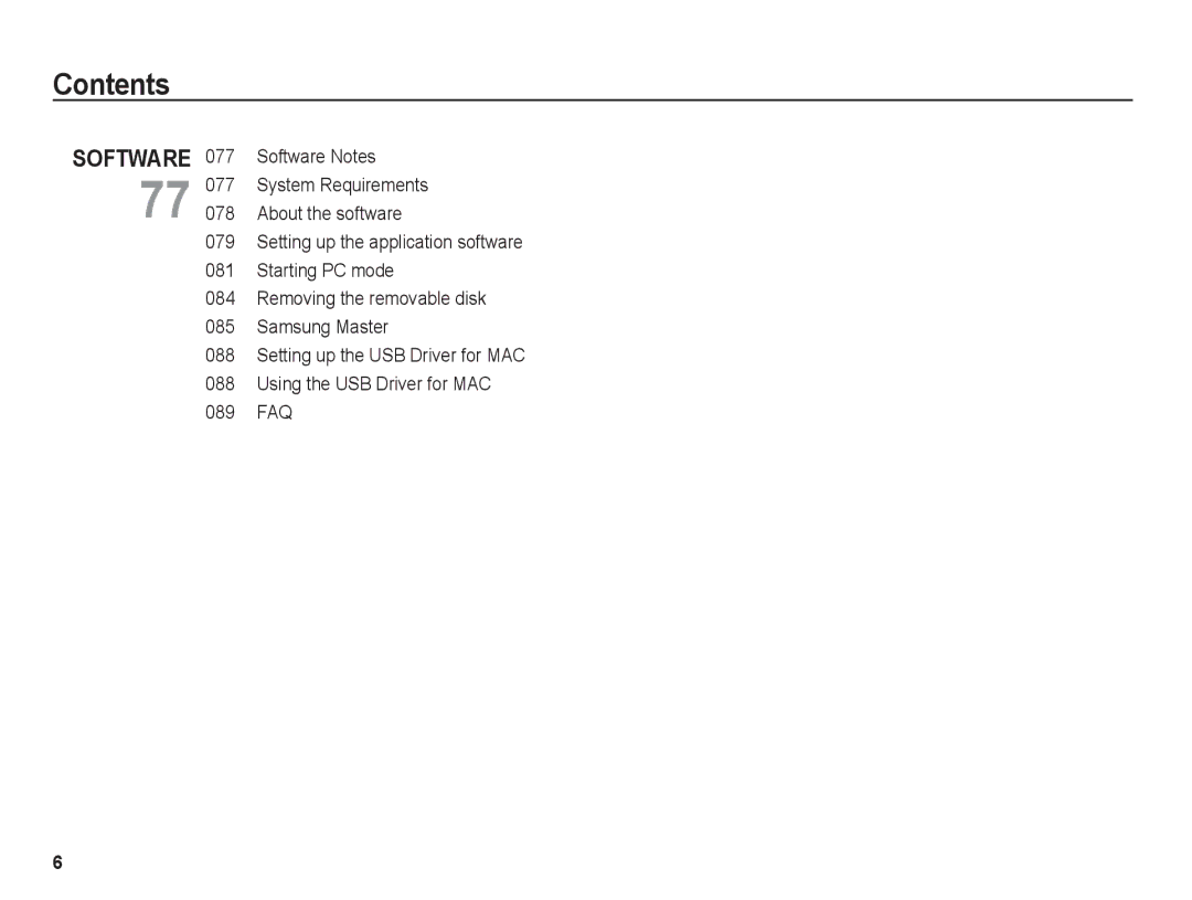 Samsung BL1050 Software Notes, System Requirements 078 About the software 079, Starting PC mode 084, Samsung Master 088 