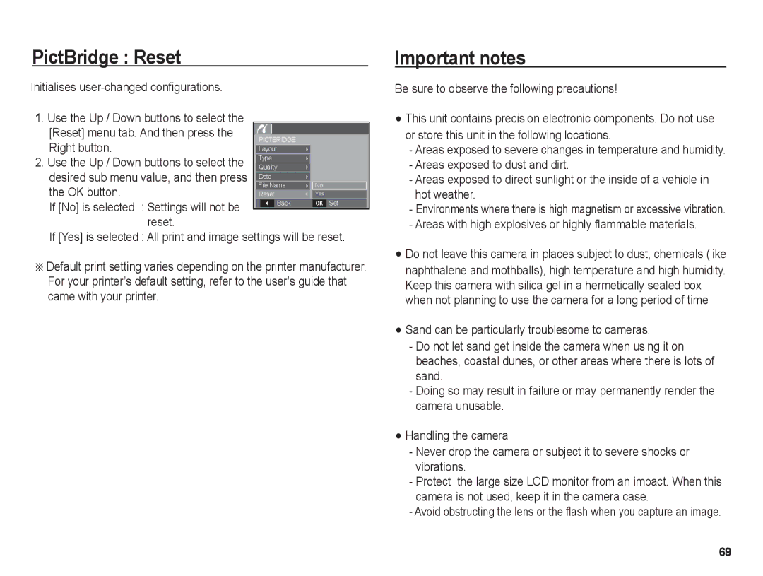 Samsung BL1050 manual PictBridge Reset, Important notes, Initialises user-changed configurations 