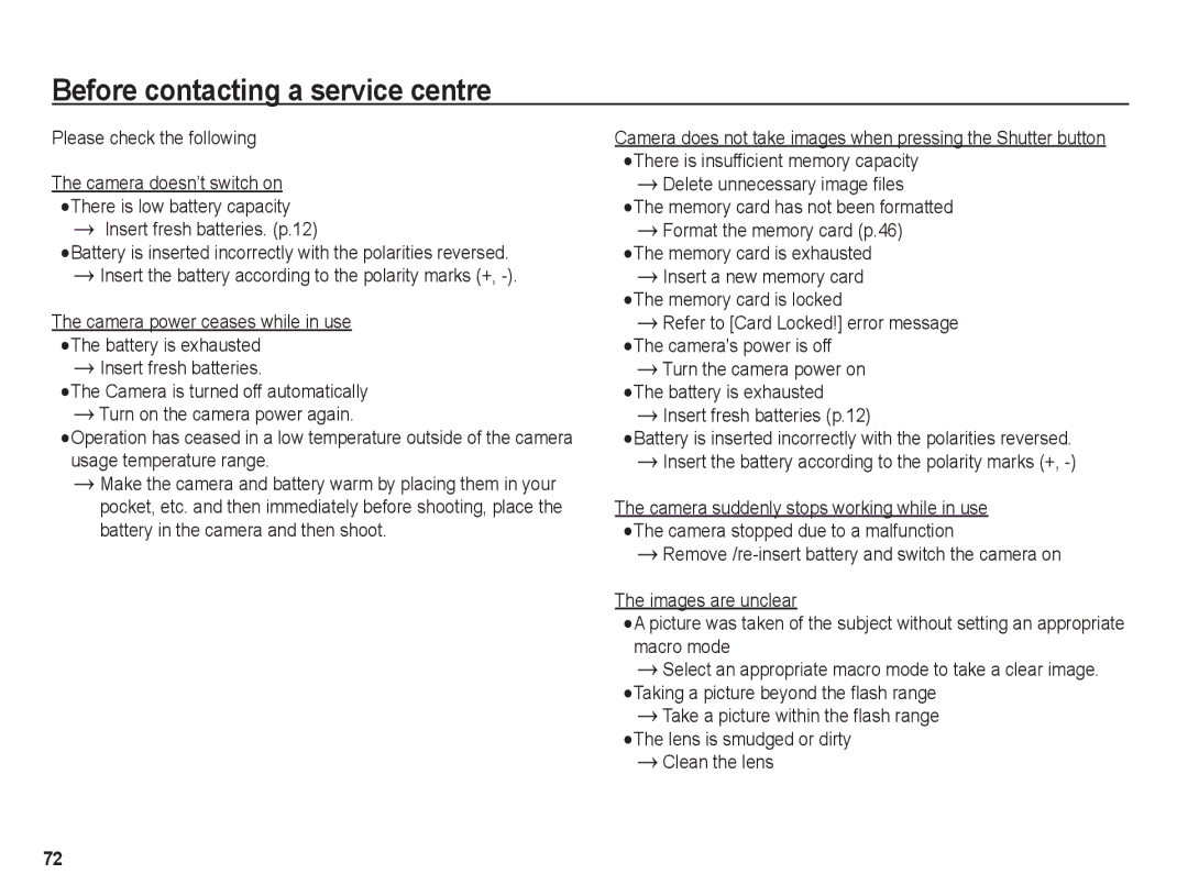 Samsung BL1050 manual Before contacting a service centre, Please check the following, Insert fresh batteries. p.12 