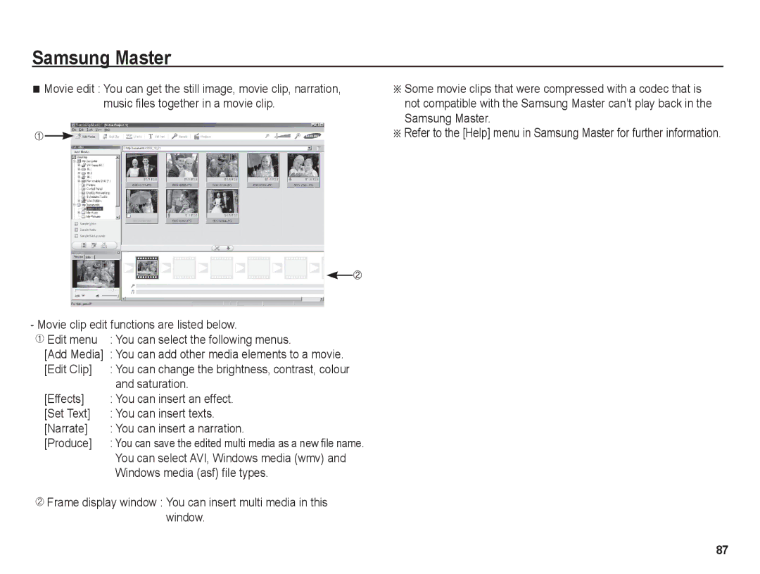 Samsung BL1050 Edit Clip, Saturation, Windows media asf file types, Add Media You can add other media elements to a movie 