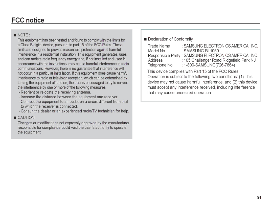 Samsung BL1050 manual FCC notice, Declaration of Conformity Trade Name, Model No, Address, Telephone No SAMSUNG726-7864 