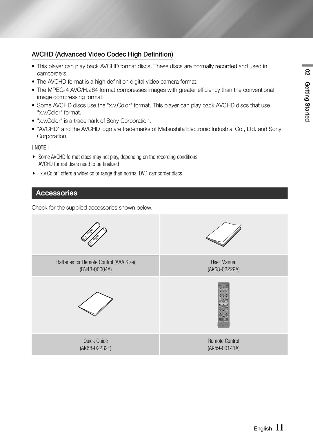 Samsung Blu-ray Disc Player user manual Accessories, Avchd Advanced Video Codec High Definition 