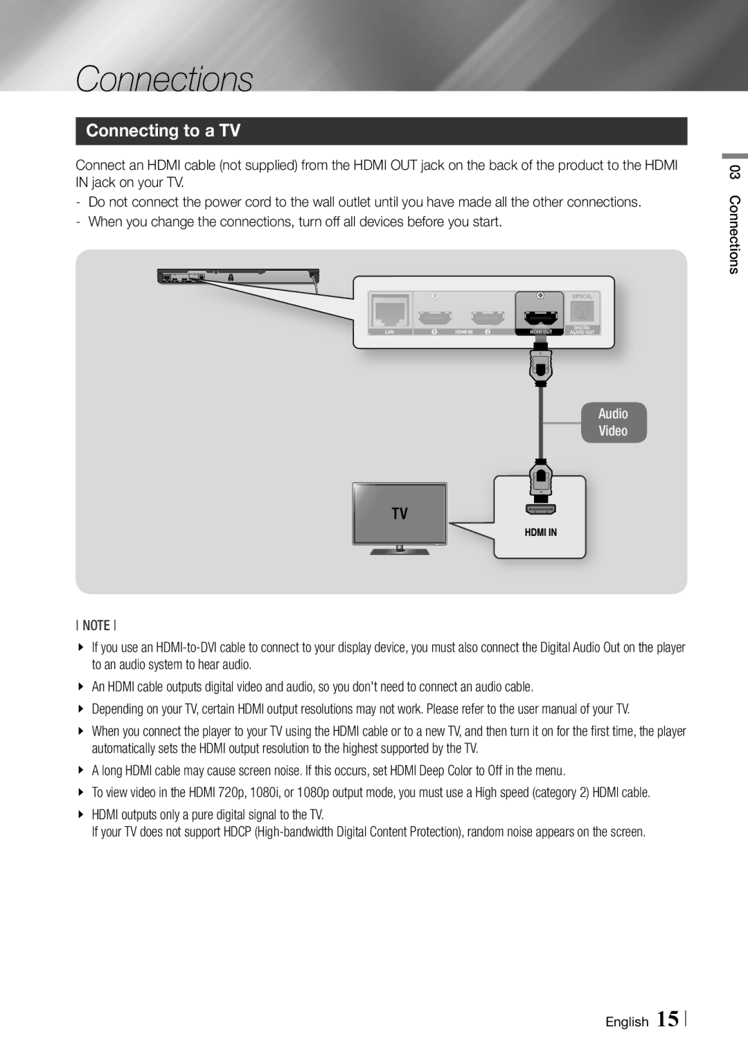 Samsung Blu-ray Disc Player user manual Connecting to a TV, Connections English 