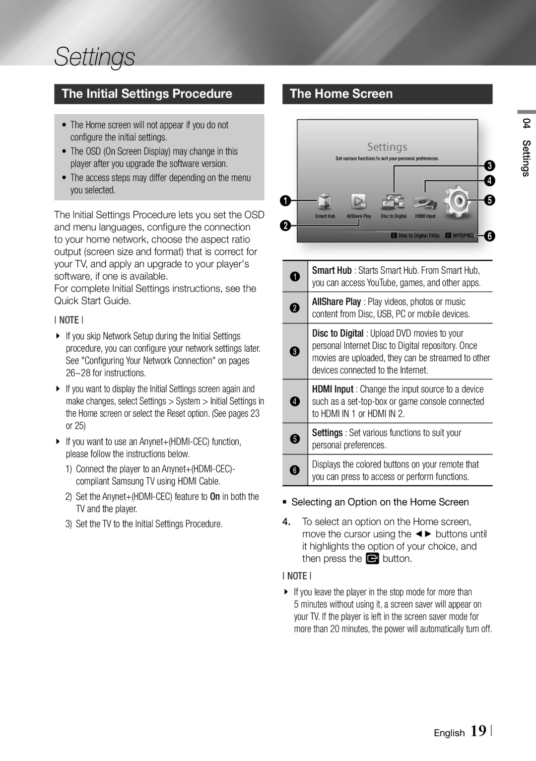 Samsung Blu-ray Disc Player user manual Initial Settings Procedure, Home Screen 