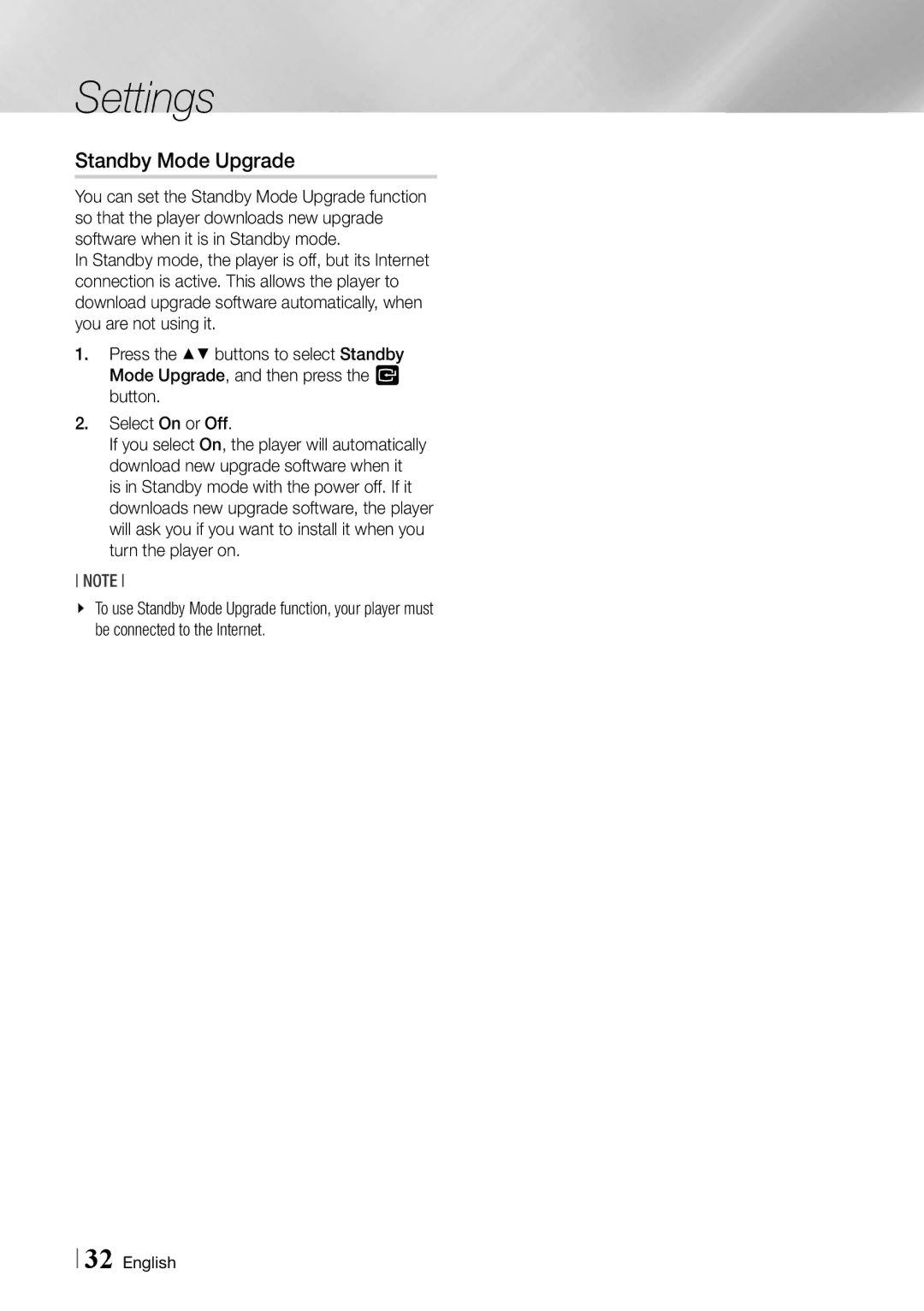 Samsung Blu-ray Disc Player user manual Standby Mode Upgrade 