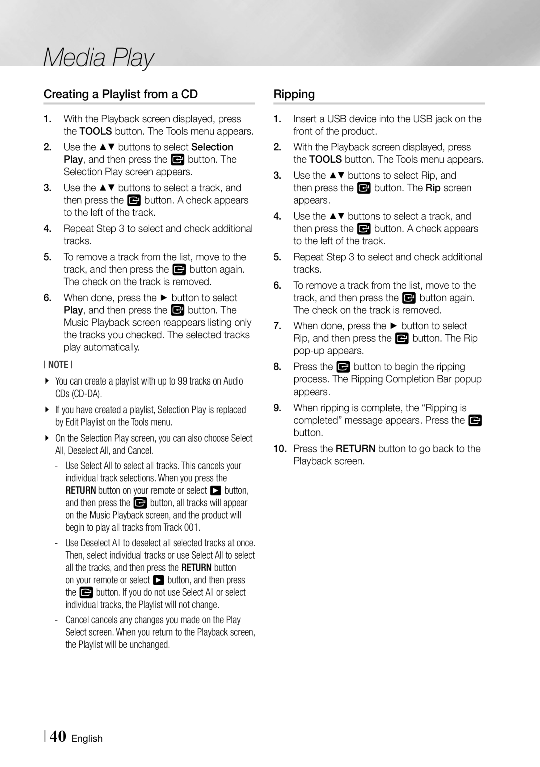 Samsung Blu-ray Disc Player user manual Creating a Playlist from a CD, Ripping 