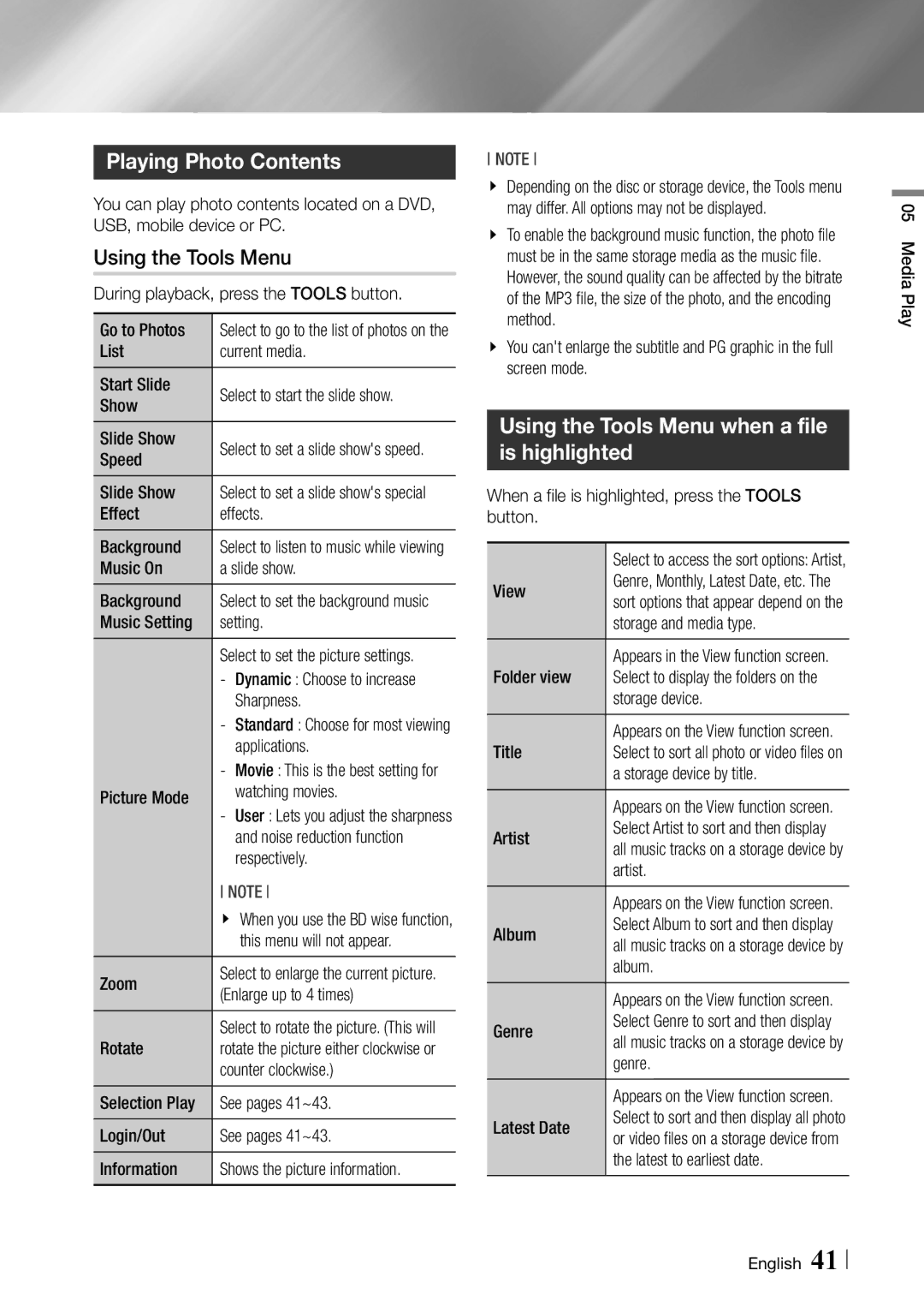 Samsung Blu-ray Disc Player user manual Playing Photo Contents, Using the Tools Menu when a file is highlighted 