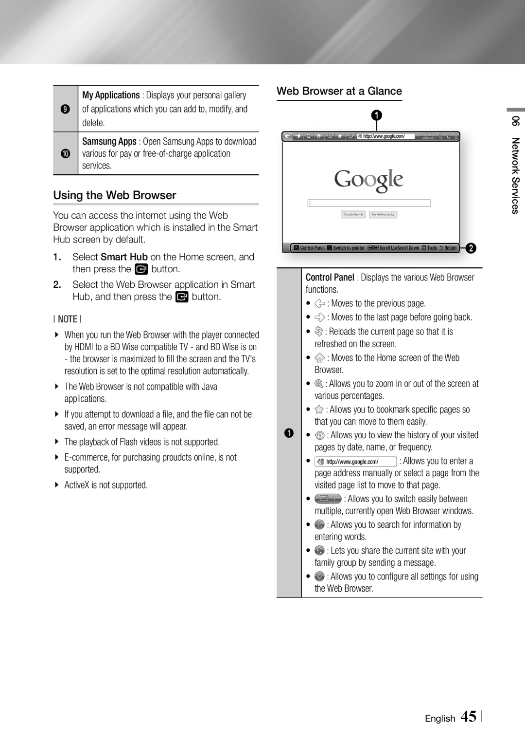 Samsung Blu-ray Disc Player user manual Using the Web Browser, Web Browser at a Glance 