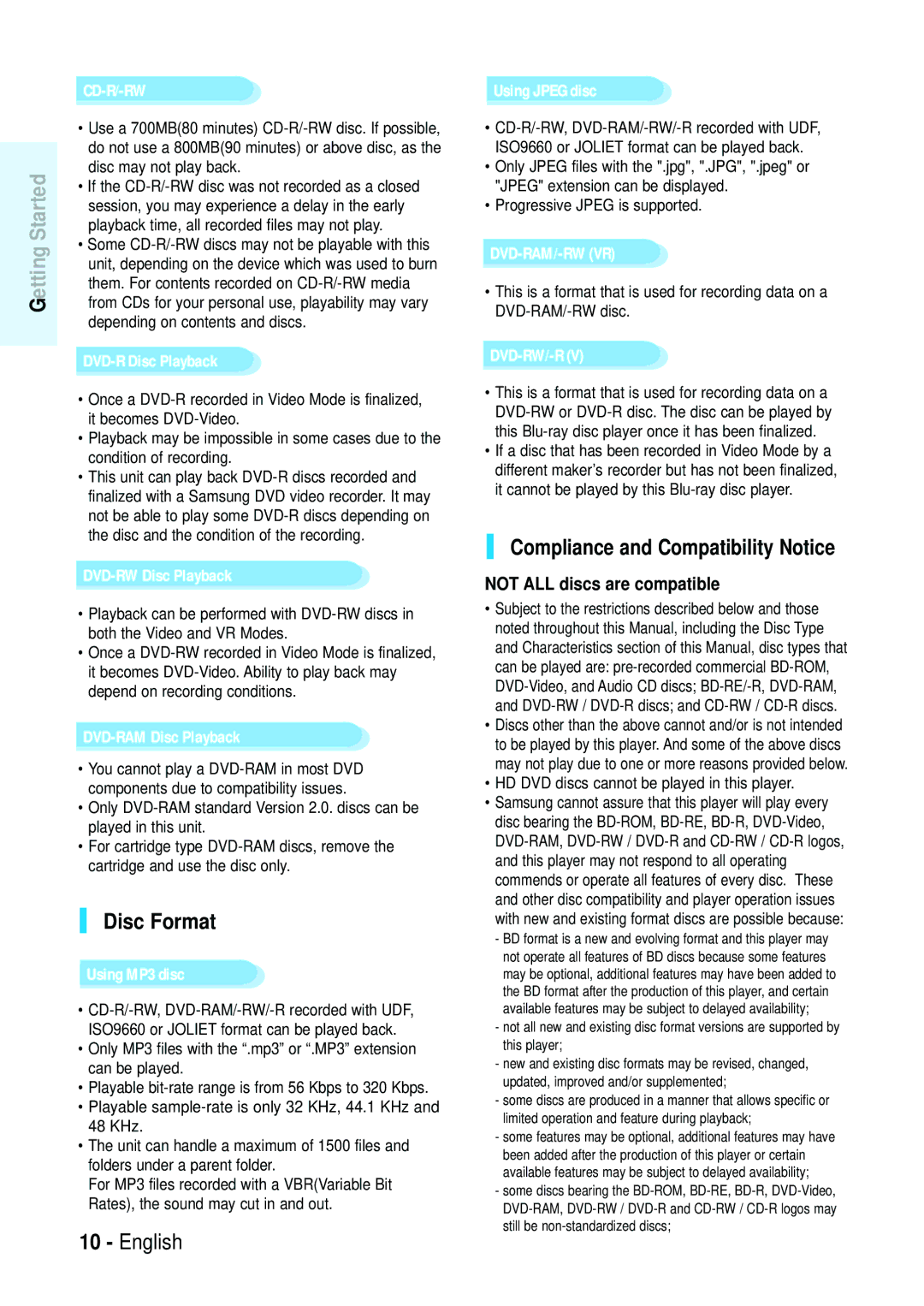 Samsung Blu-ray Disc manual Disc Format, Compliance and Compatibility Notice, Not ALL discs are compatible 