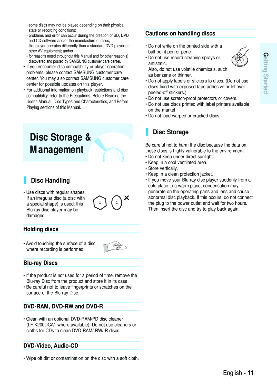 Samsung Blu-ray Disc manual Disc Storage Management, Disc Handling 