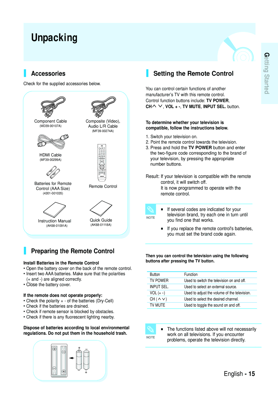 Samsung Blu-ray Disc manual Unpacking, Accessories, Setting the Remote Control, Preparing the Remote Control 