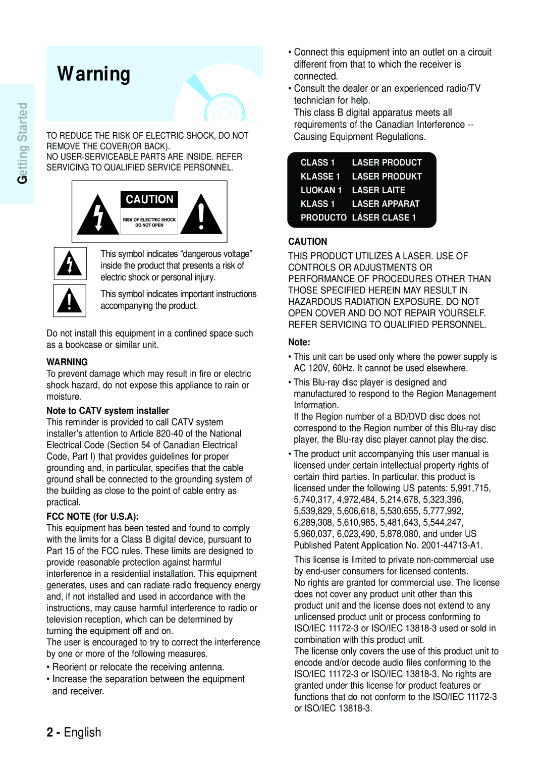 Samsung Blu-ray Disc manual Getting Started, FCC Note for U.S.A 