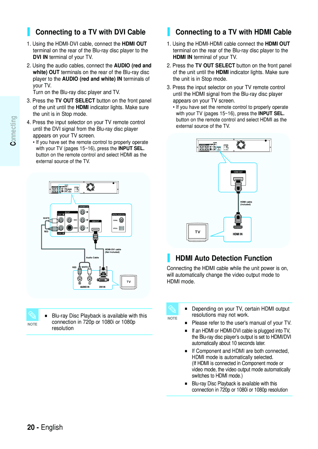 Samsung Blu-ray Disc Connecting to a TV with DVI Cable, Connecting to a TV with Hdmi Cable, Hdmi Auto Detection Function 