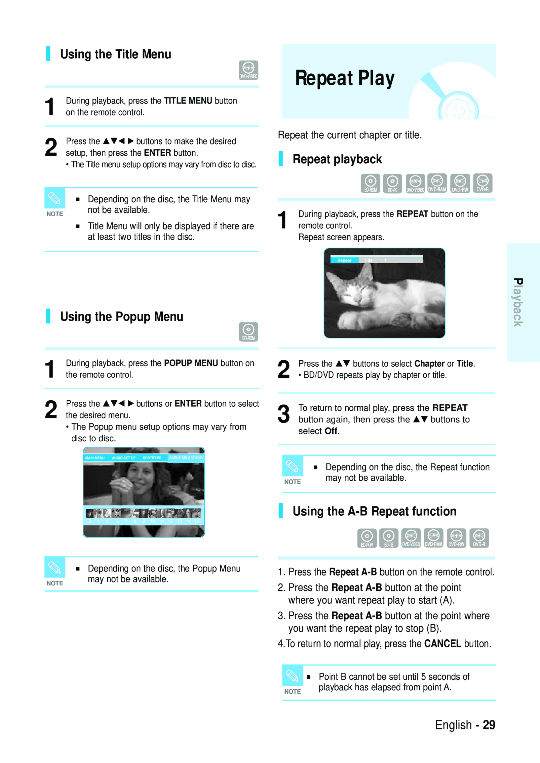 Samsung Blu-ray Disc manual Repeat Play, Using the Title Menu, Using the Popup Menu, Repeat playback 