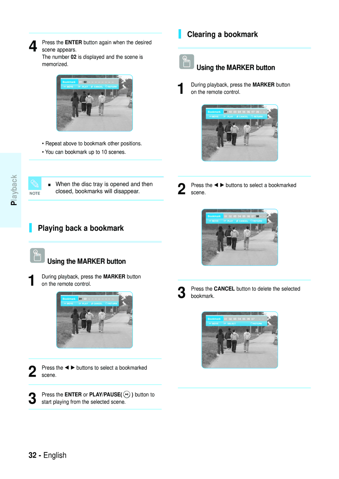 Samsung Blu-ray Disc manual Playing back a bookmark, Clearing a bookmark, When the disc tray is opened and then 