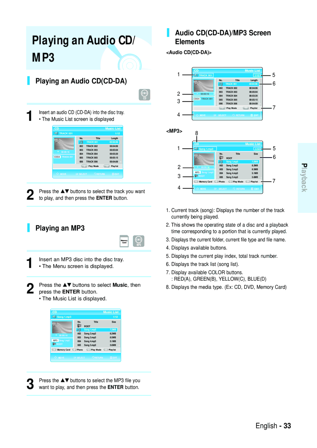 Samsung Blu-ray Disc manual Playing an Audio CDCD-DA, Playing an MP3, Audio CDCD-DA/MP3 Screen Elements 