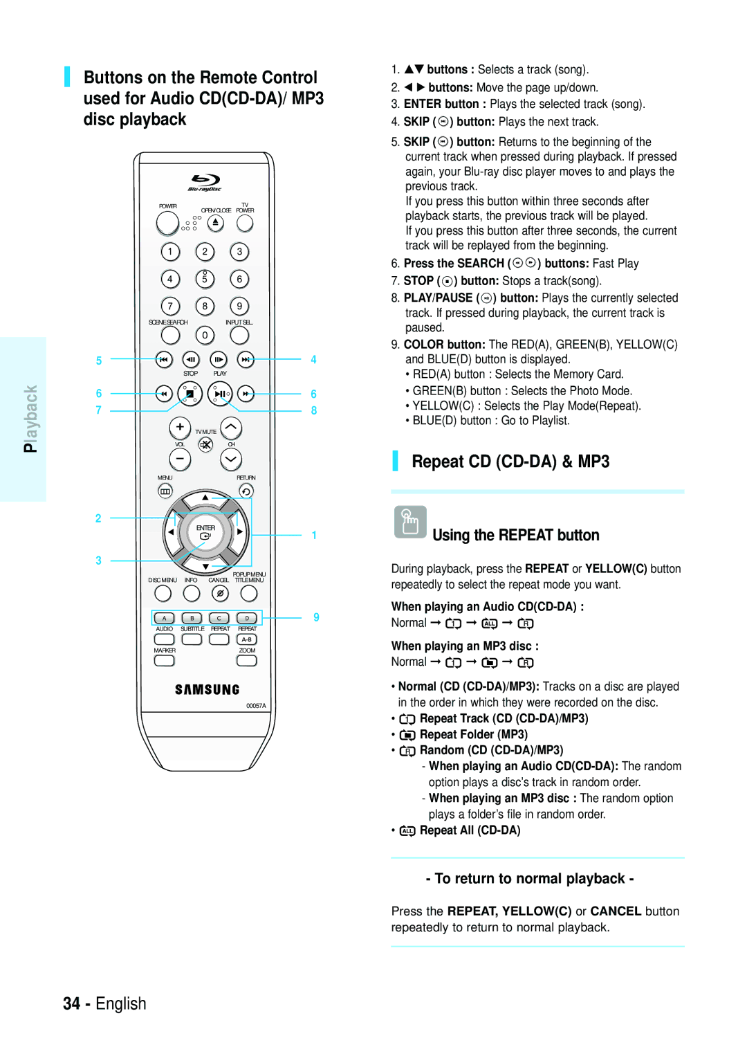 Samsung Blu-ray Disc manual Repeat CD CD-DA & MP3, Using the Repeat button, To return to normal playback 