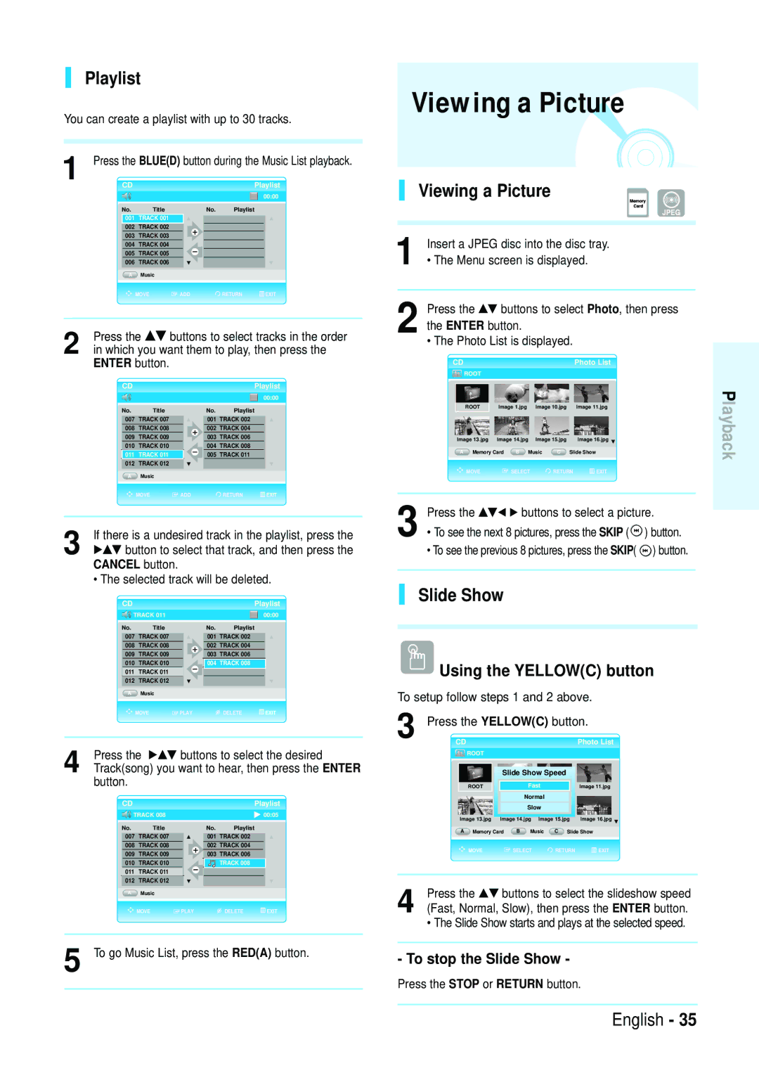 Samsung Blu-ray Disc manual Viewing a Picture, Playlist, Slide Show, Using the Yellowc button 