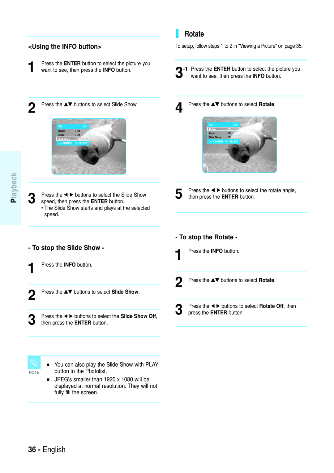 Samsung Blu-ray Disc manual Using the Info button, To stop the Rotate, Button in the Photolist 