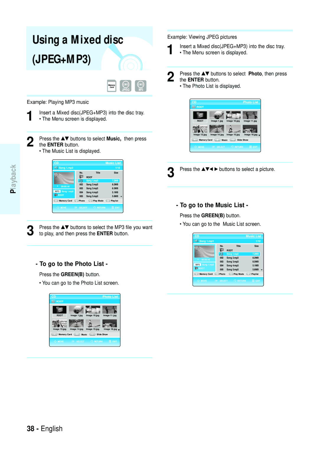 Samsung Blu-ray Disc manual To go to the Photo List, To go to the Music List, Example Viewing Jpeg pictures 