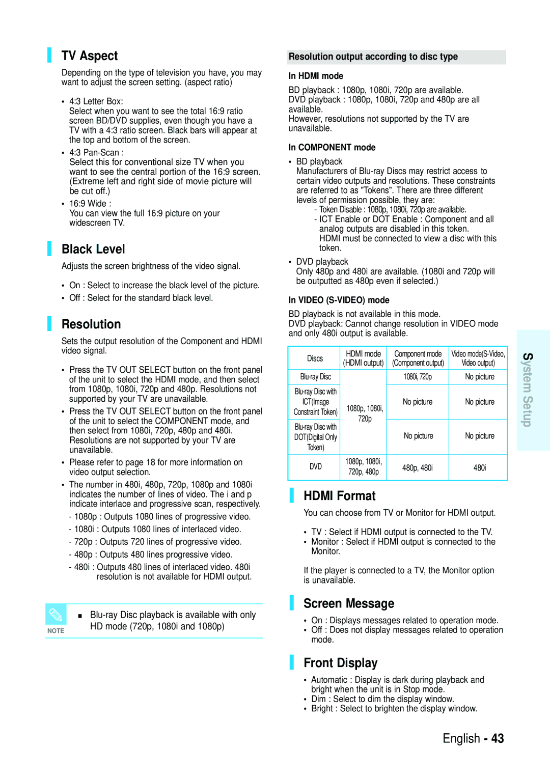 Samsung Blu-ray Disc manual TV Aspect, Black Level, Resolution, Hdmi Format, Screen Message, Front Display 