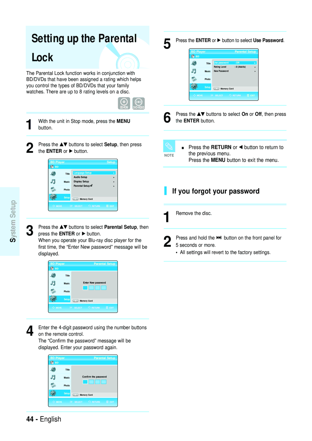 Samsung Blu-ray Disc manual Setting up the Parental Lock, If you forgot your password 