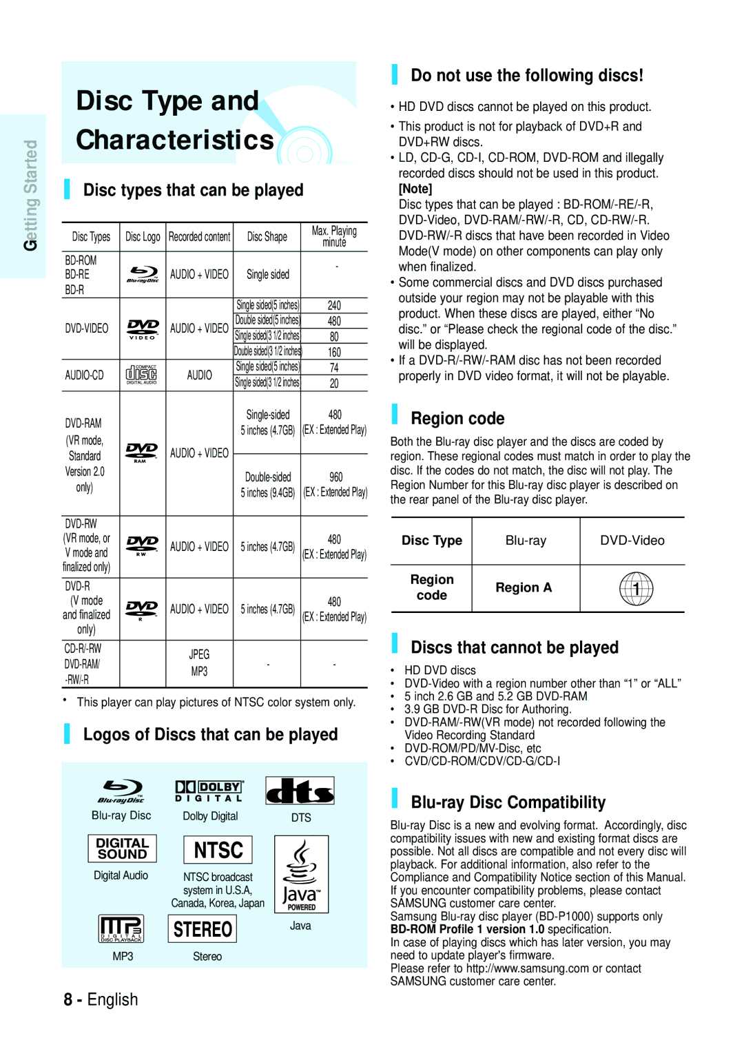 Samsung Blu-ray Disc manual Disc Type Characteristics 