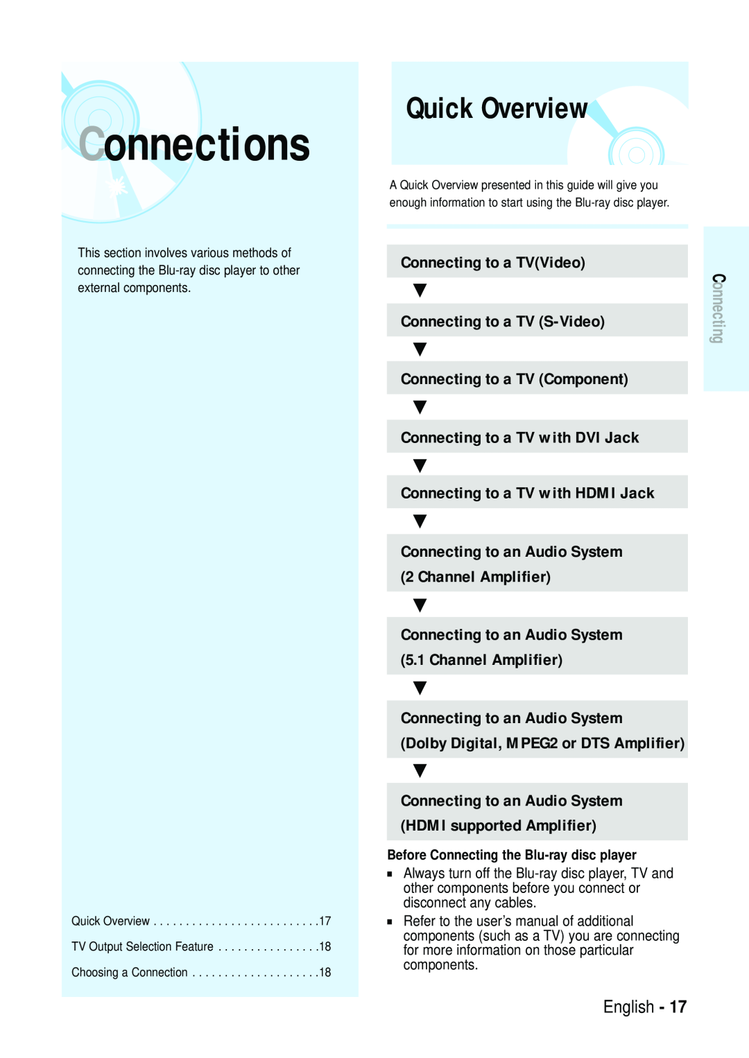 Samsung Blu-ray Disc manual Quick Overview, Connecting to an Audio System 2 Channel Amplifier, Connections, English 