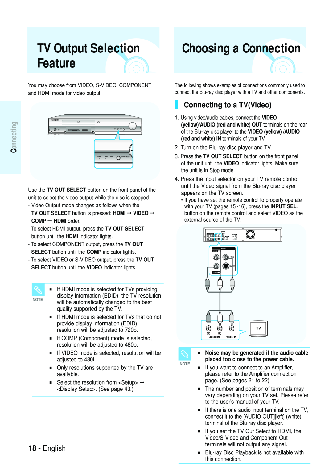 Samsung Blu-ray Disc manual Feature, TV Output Selection, Choosing a Connection, English, Connecting to a TVVideo 