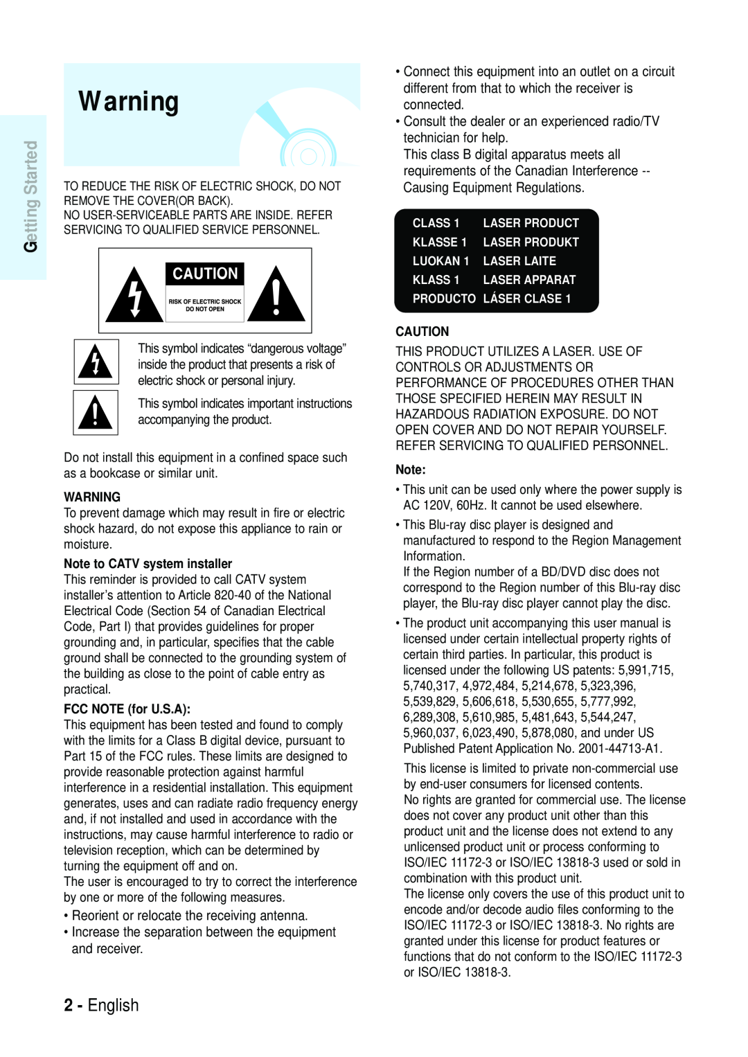 Samsung Blu-ray Disc manual Getting Started, English 
