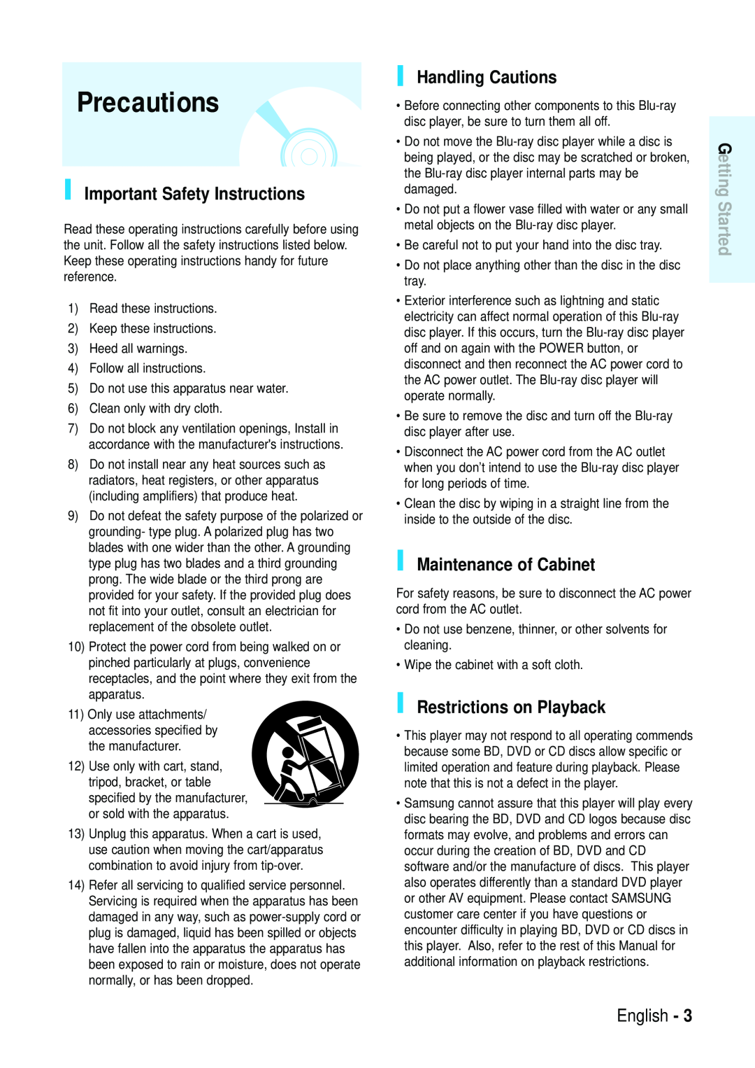 Samsung Blu-ray Disc manual Precautions, Important Safety Instructions, Handling Cautions, Maintenance of Cabinet, English 