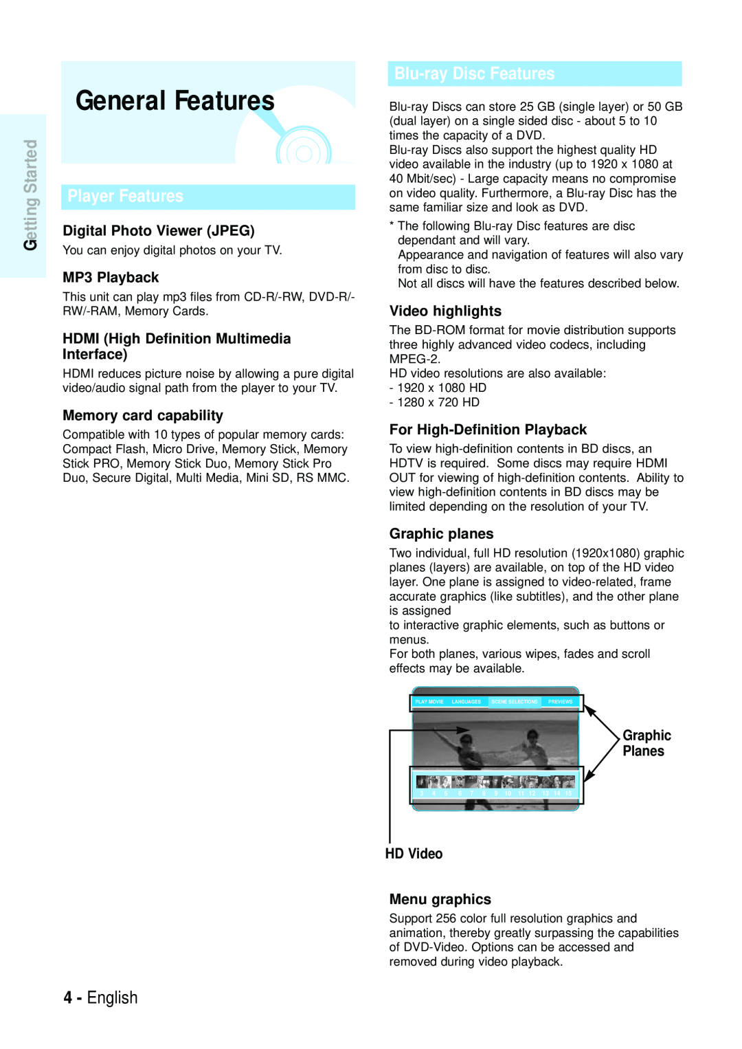 Samsung Blu-ray Disc manual General Features, English, Digital Photo Viewer JPEG, MP3 Playback, Memory card capability 